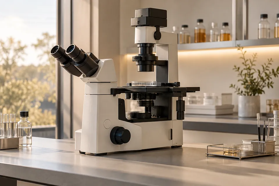 Illustrative microscope and laboratory workspace in warm daylight.