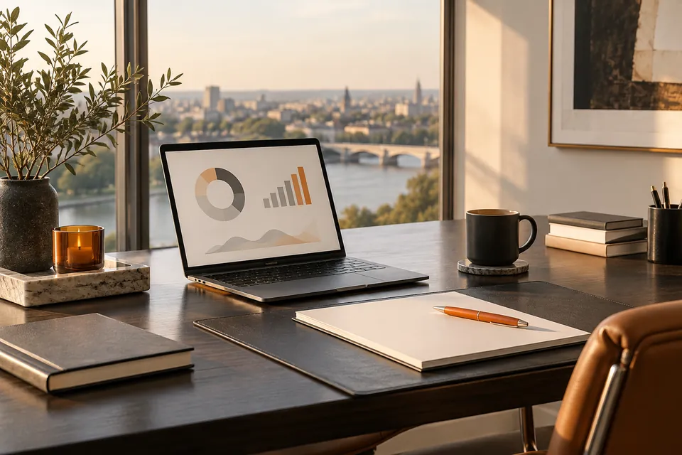 Illustrative strategy workspace with a laptop, blank notebook, and orange pen.